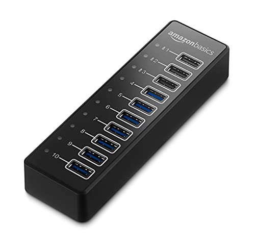 Amazon Basics Hub de 10 puertos USB A 3.1 con adaptador de corriente, 65 W (20 V/3,25 A), Negro