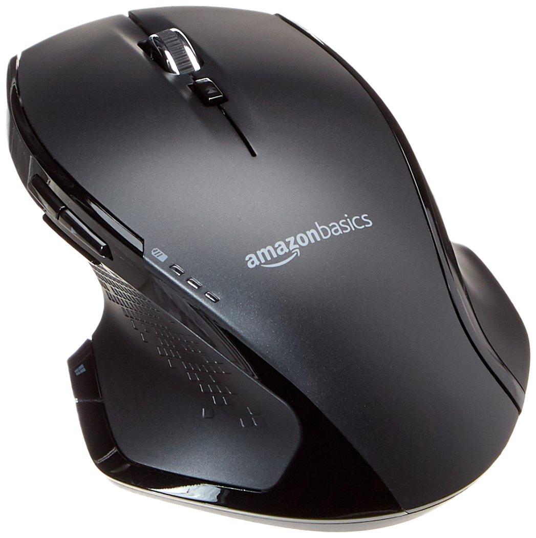 Amazon Basics Ratón inalámbrico ergonómico de tamaño normal con rueda rápida, Negro