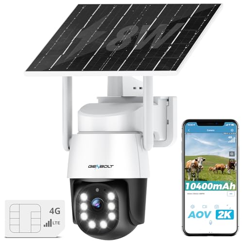 GENBOLT 4G AOV Solar Cámara Vigilancia Exterior Inalámbrica,Grabación 24/7 3MP Cámara IP Seguridad Exterior sin WiFi con Tarjeta SIM,Detección AI de 90 pies,Cámara CCTV con Batería de 8W 10400 mAh