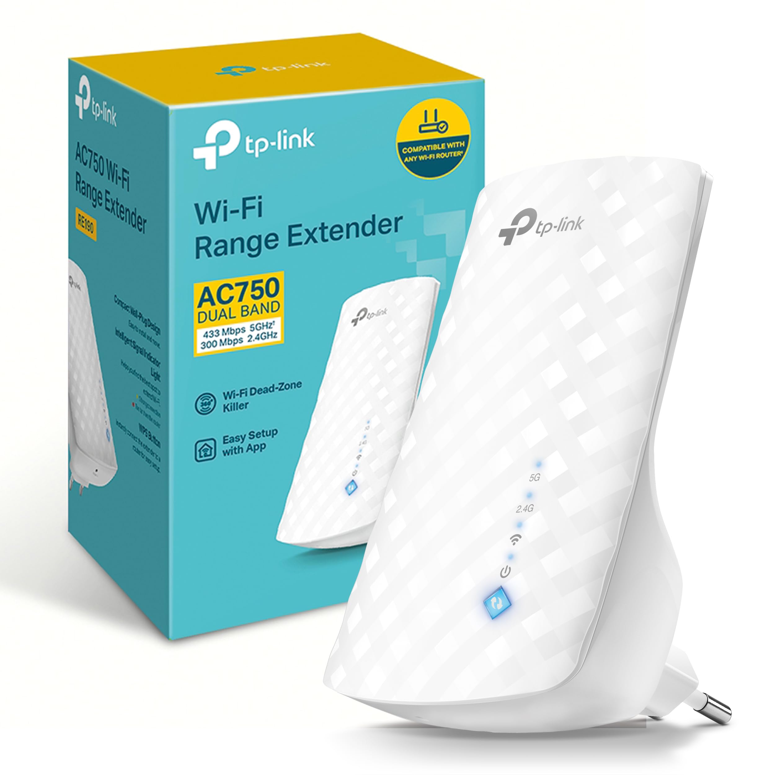 TP-Link RE190 AC750 - Amplificador Señal WiFi, 433Mbps en 5GHz 300Mbps en 2.4GHz con EU Enchufe, WPS, Indicador LED de Señal,