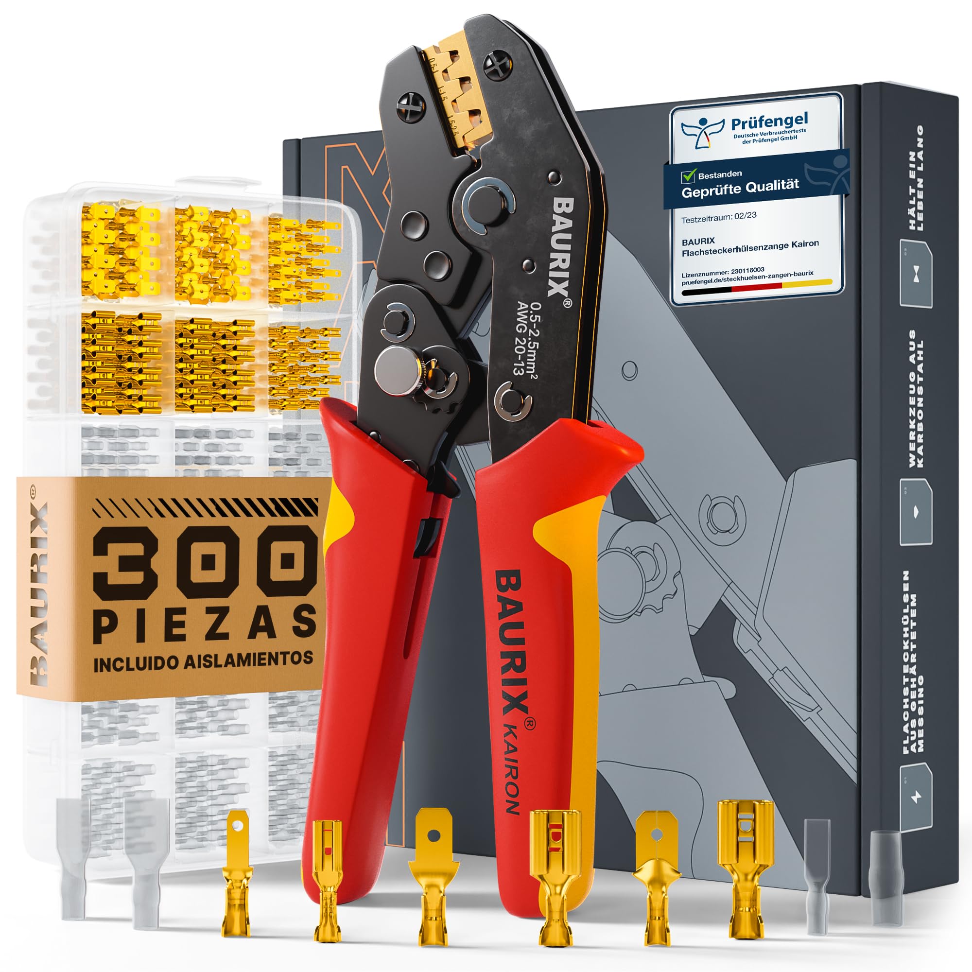 BAURIX® Crimpadora de Terminales Electricos con 300 piezas - Alicates de Prensa para Terminales Electricos [0,50-2,50mm²] - G