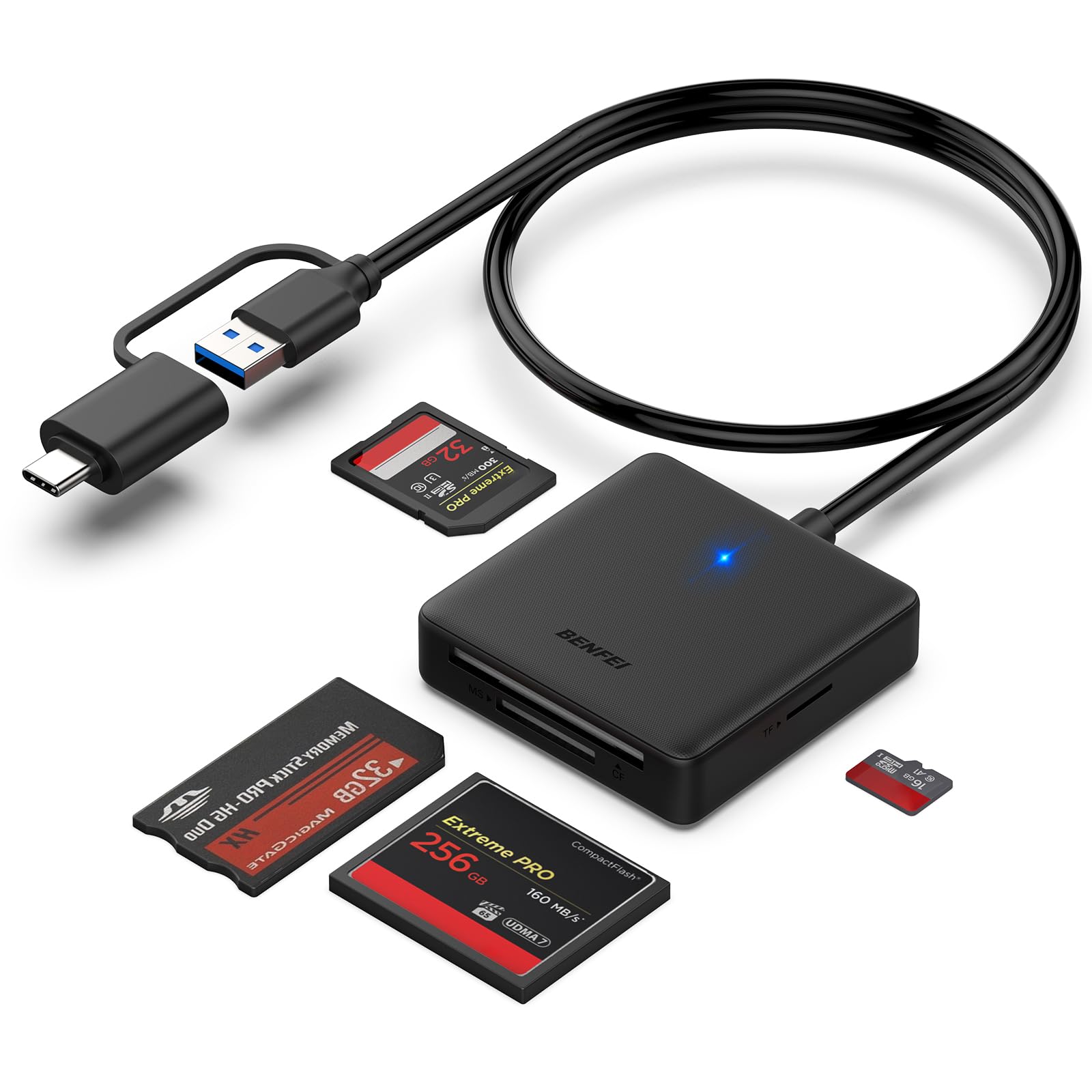 Lector de Tarjetas de Memoria, BENFEI 4 en 1 USB-C a Micro SD MS CF Adaptador Compatible con iPhone 15 Pro/MAX, MacBook Pro/A