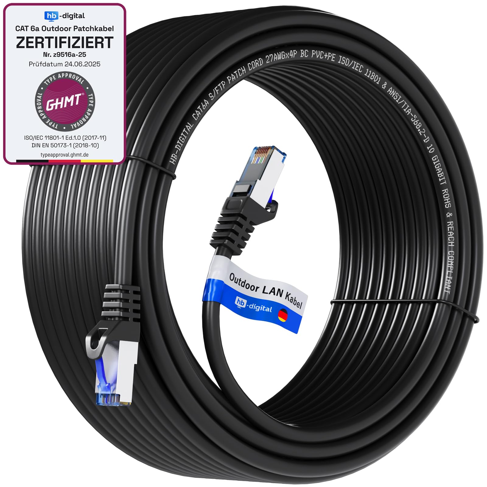 HB-DIGITAL 25m Cable de red Cat.6a para exteriores de para uso en exteriores e interiores Enchufe RJ45 NEGRO LAN Ethernet S/F