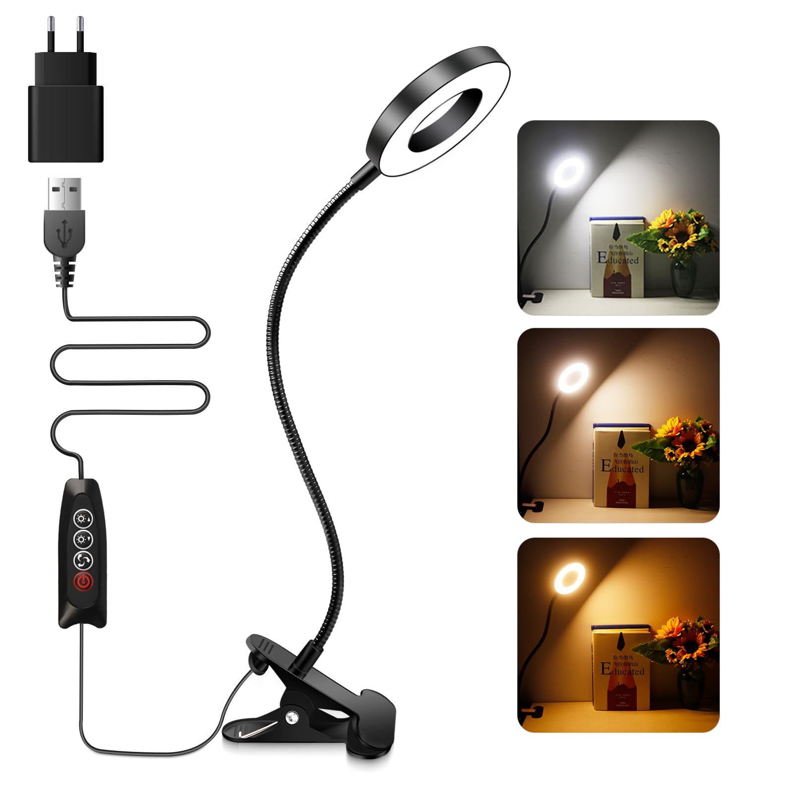 Akynite Lámpara de escritorio con clip de 7 W con adaptador USB, 48 luces LED de lectura regulables, 3 colores cambiantes y 1