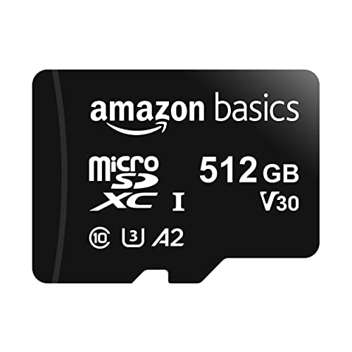 Amazon Basics Tarjeta de memoria microSDXC con adaptador de tamaño completo, A2, U3, velocidad de lectura de hasta 100 MB/s, 512 GB, negra