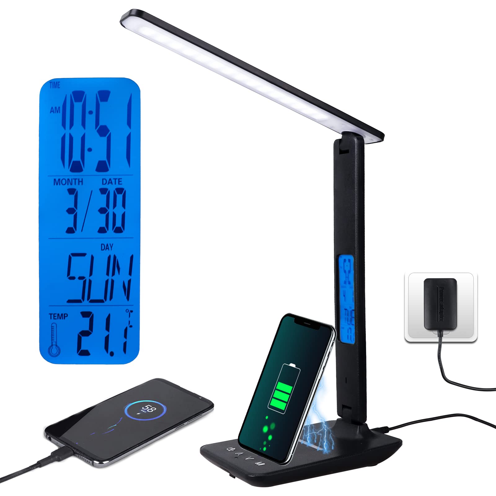 CSYY Lámpara de escritorio LED con carga inalámbrica de 10 W, lámpara de mesa plegable USB, lámpara de control táctil, 3 modo
