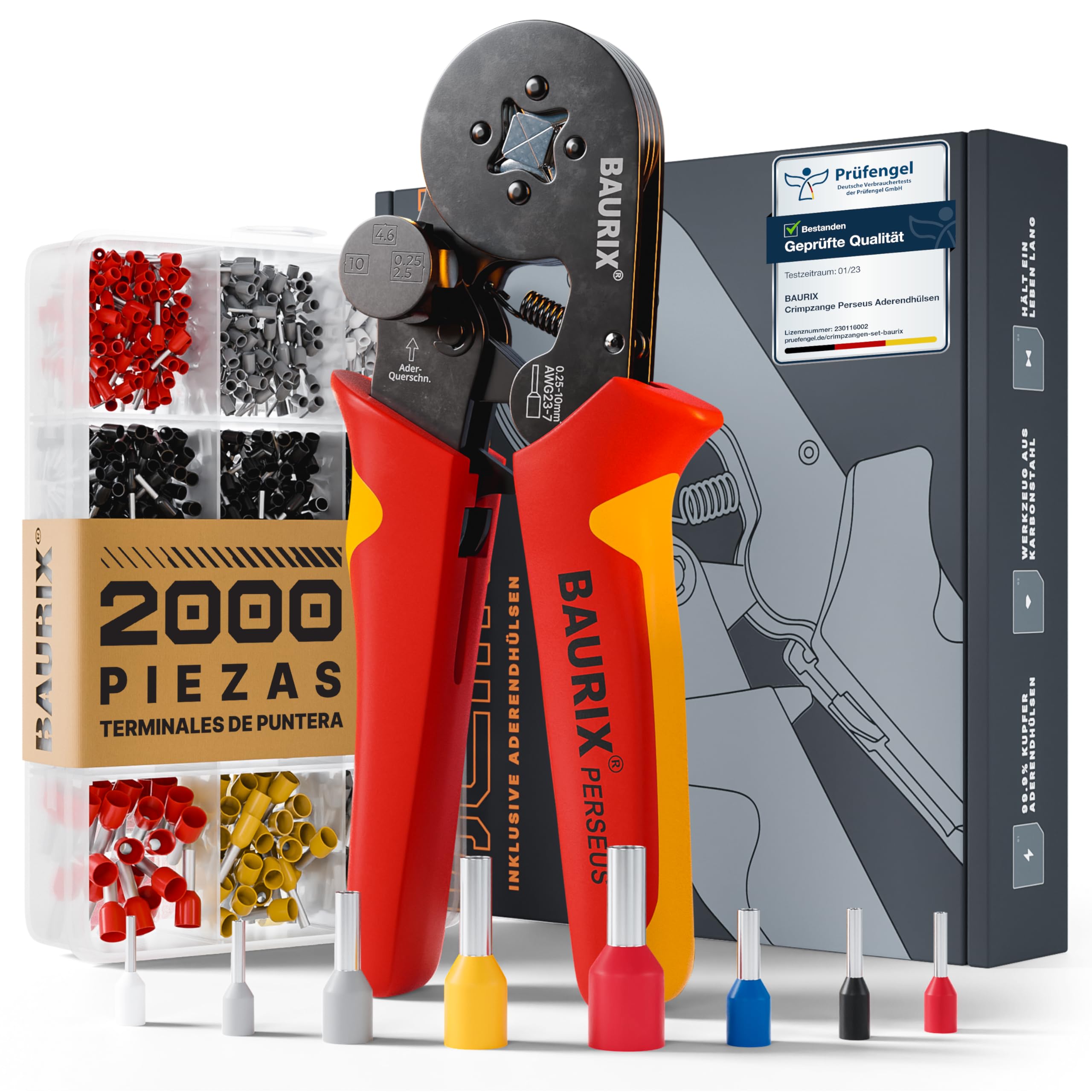 BAURIX® Crimpadora Terminales Eléctricos con Kit de 2000 punteras - Pinzas para punteras con regulador de fuerza [para 0,25-1