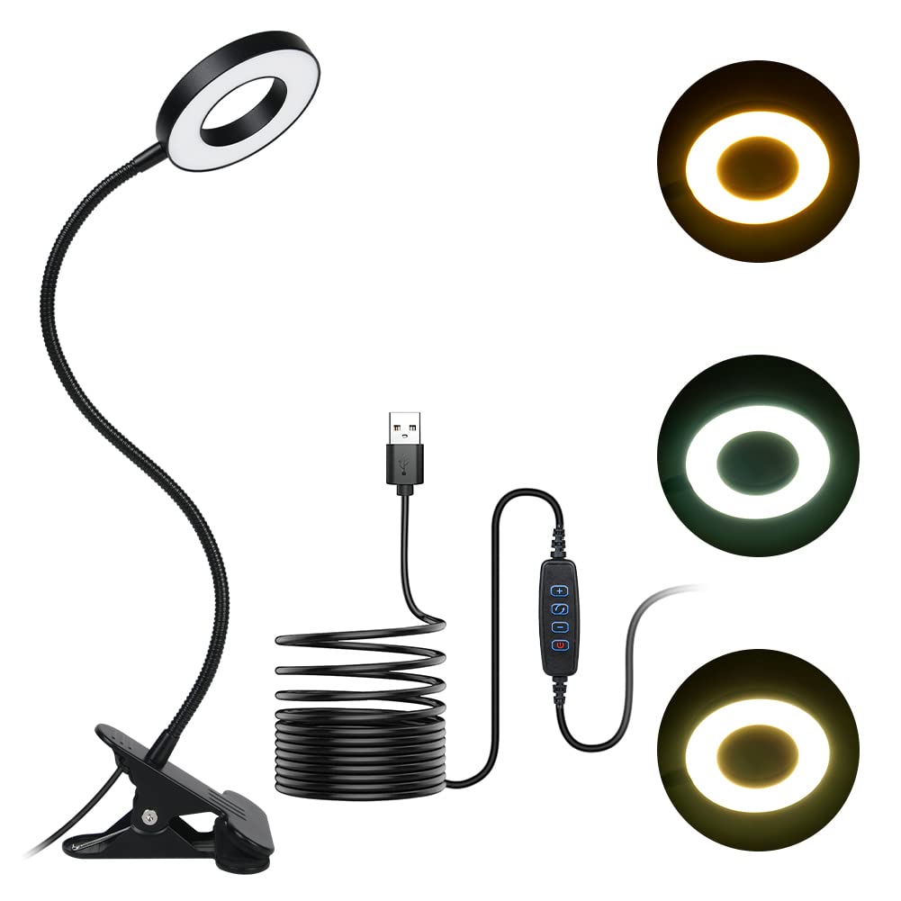 URAQT Lámpara Escritorio, 7W Lampara Lectura con Flexo Pinza, 3 Colores y 11 Brillo 48 LED Lámpara Clip, Lámpara de Pinza con