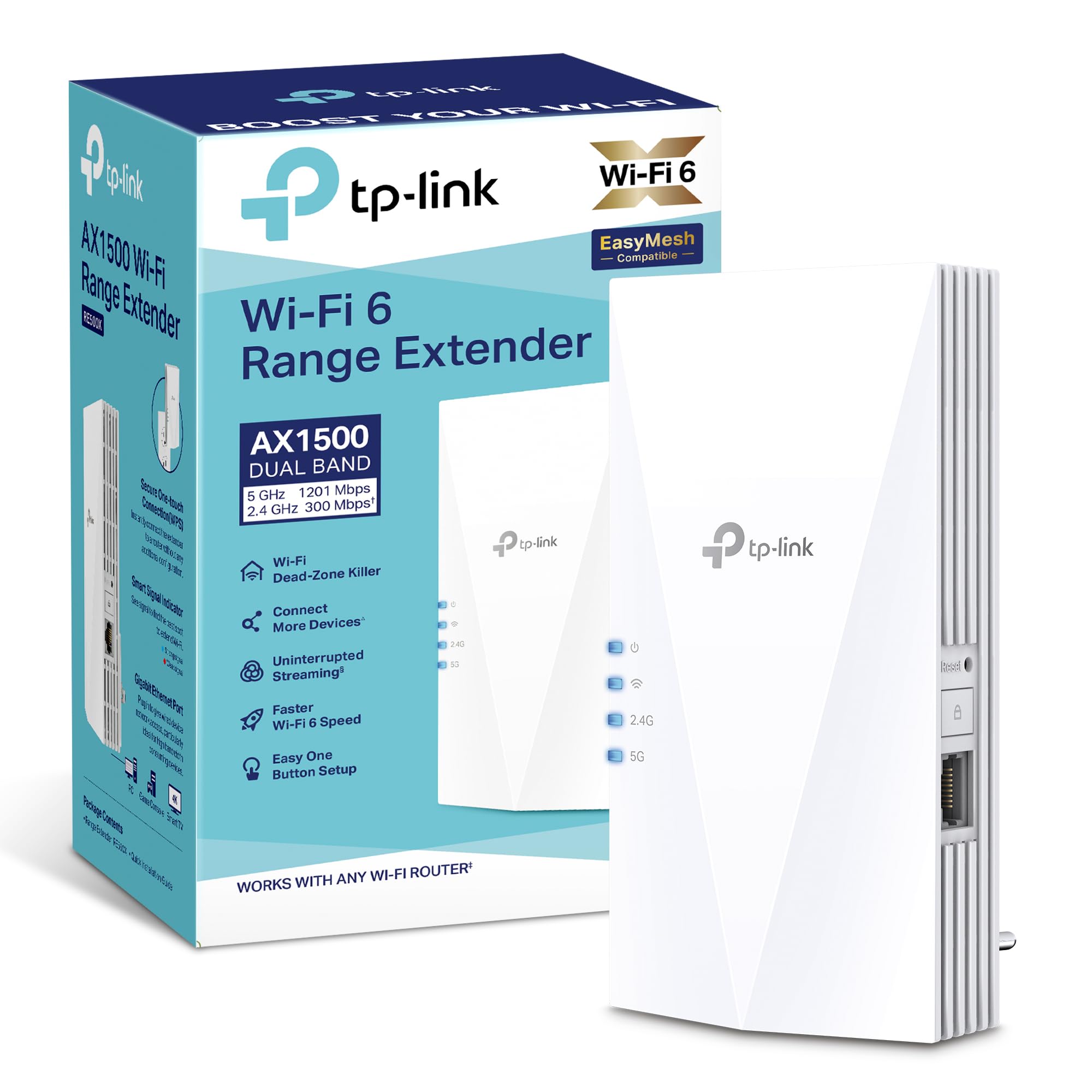 TP-Link RE500X - WiFi 6 Repetidor, AX1500 WiFi, Puerto Ethernet Gigabit 10/100/1000 Mbos, Compatible con Todos los Routers, N