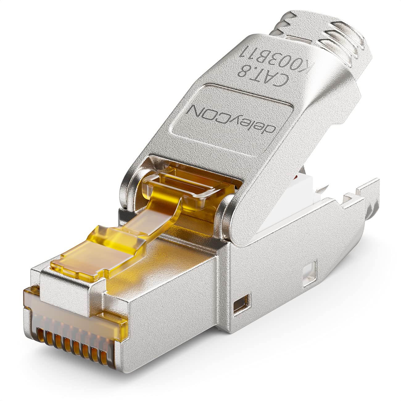 deleyCON 1x CAT 8 Conector de Red RJ45 Sin Herramientas Apantallado Enchufe de Red 40Gbit/s para Rígidos Cable en Crudo Conec
