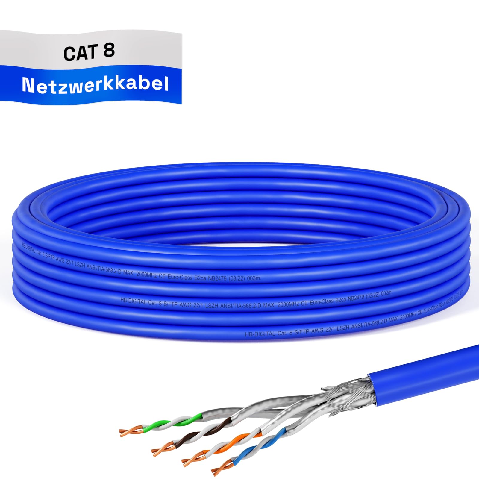 HB-DIGITAL 10m Cat 8.1 Cable de red Cable de instalación Cable de datos Cable LAN Ethernet Cat.8 hasta 40 Gbit/s Cobre S/FTP