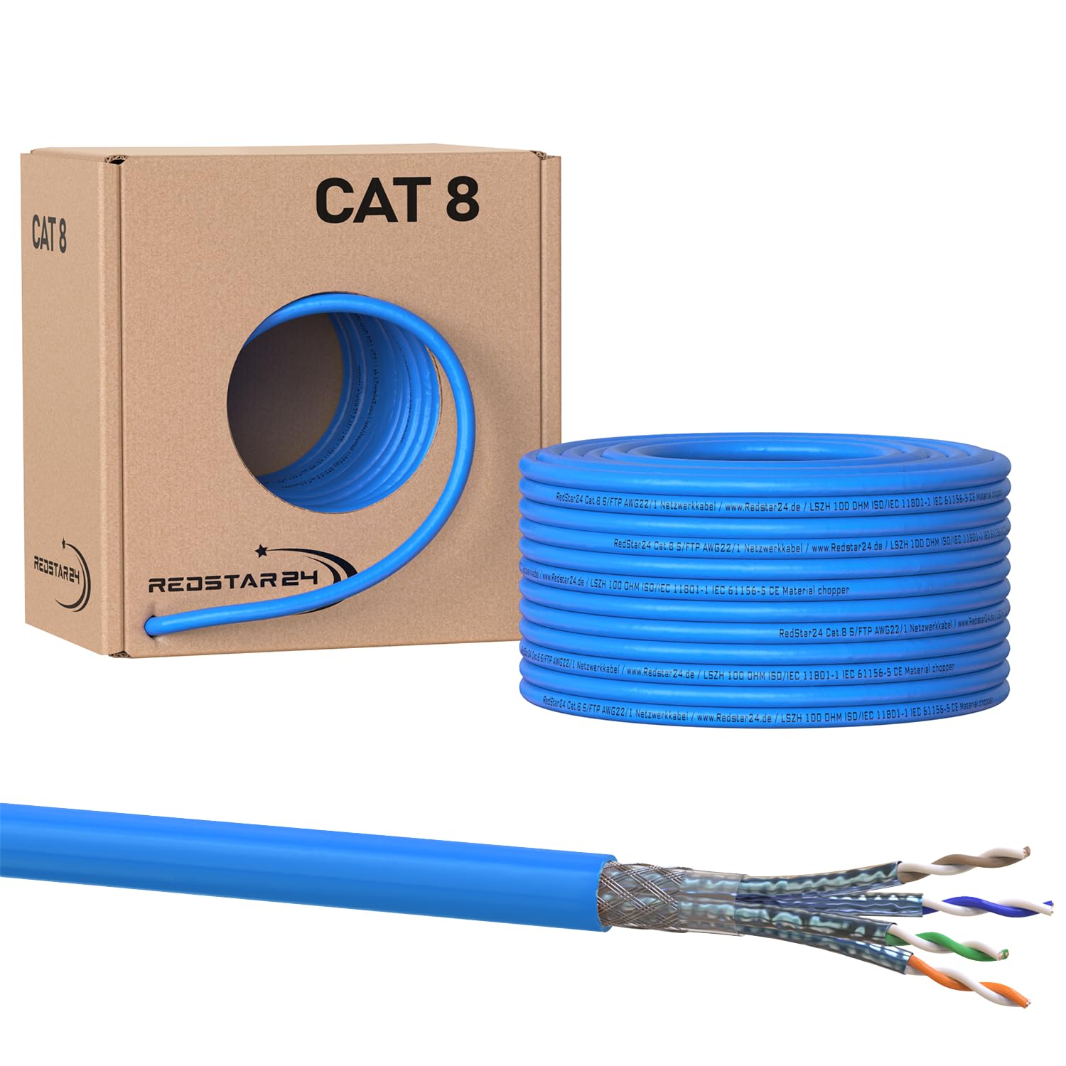RedStar24 CAT 8 Cable Ethernet 50m - Cable de Red CAT8.1 LAN Cobre Cable de Datos CAT.8 Gigabit S/FTP Categoria 8, Libre de H