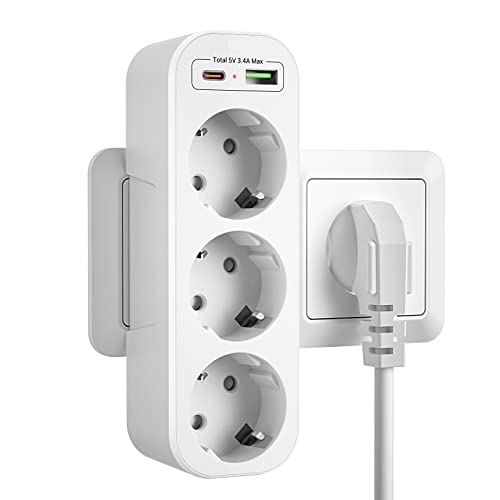 Ladron Enchufes Multiple 3 Tomas USB C, Pared con 3 Clavija Schuko y 2 USB Puertos,Alargador con Cargador,Adaptador Triple Portátil Protección Infantil,Blanco