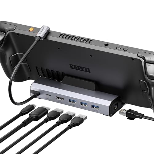 JSAUX 6 en 1 Estación de Acoplamiento Compatible con Valve Steam Deck/OLED/ASUS ROG Ally X/Legion Go S/MSI Claw, con HDMI 2.1 4K@120Hz, Tres Puertos USB 3.0, Ethernet Gigabit, Carga de 100W- HB0603
