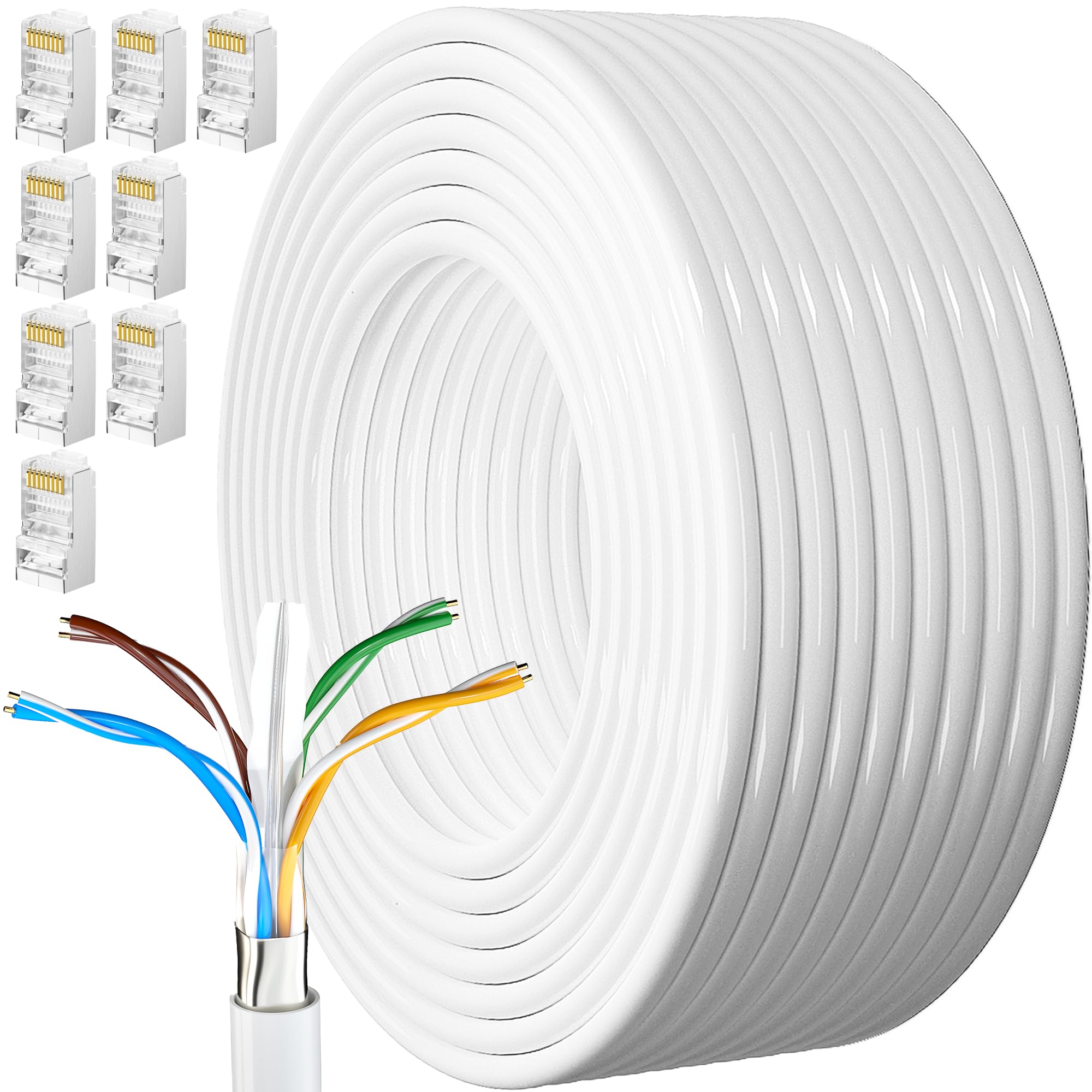 MEIPEK Cable Ethernet 40 Metros, Cat 6 Cable de Red Exterior FTP Blindado Rj45 Network Blanco LAN Internet Alta Velocidad 250