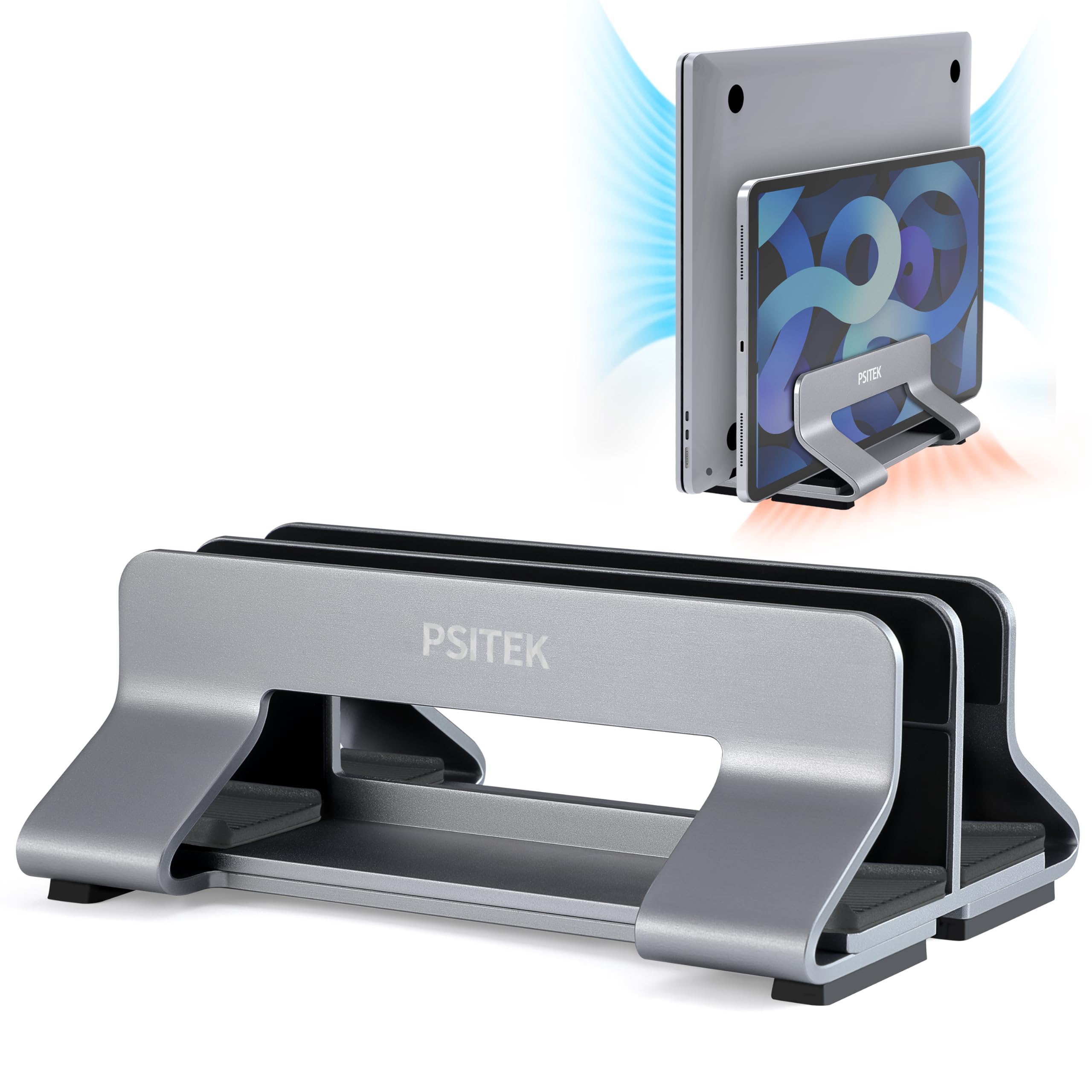 Soporte Vertical Doble en Aluminio para Portátiles, Ancho de Ranura Ajustable 12-36mm, Ahorro de Espacio para MacBook y Portátiles