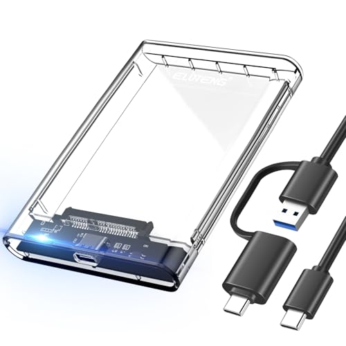 ELUTENG Caja Disco Duro 2.5 " Tipo C Transparente, Carcasa Disco Duro USB 3.1 con UASP, Adaptador para HDD SSD Tipo C a C y A a C de 7mm y 9.5mm de Altura, No Requiere Herramientas, LED Indicador