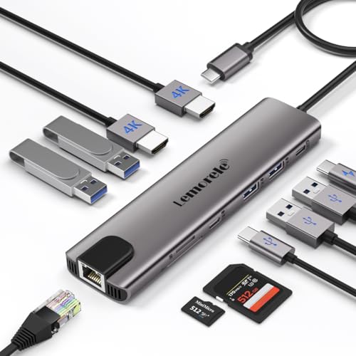 Lemorele Docking Station Dual HDMI -11 en 1, Aluminium Hub USB-C con Gigabit Ethernet, 2 HDMI 4K, 4 USB 3.0/2.0, PD 100W, USB-C 3.0 Dato, SD/TF, USB C Hub a MacBook/DELL/HP/Surface