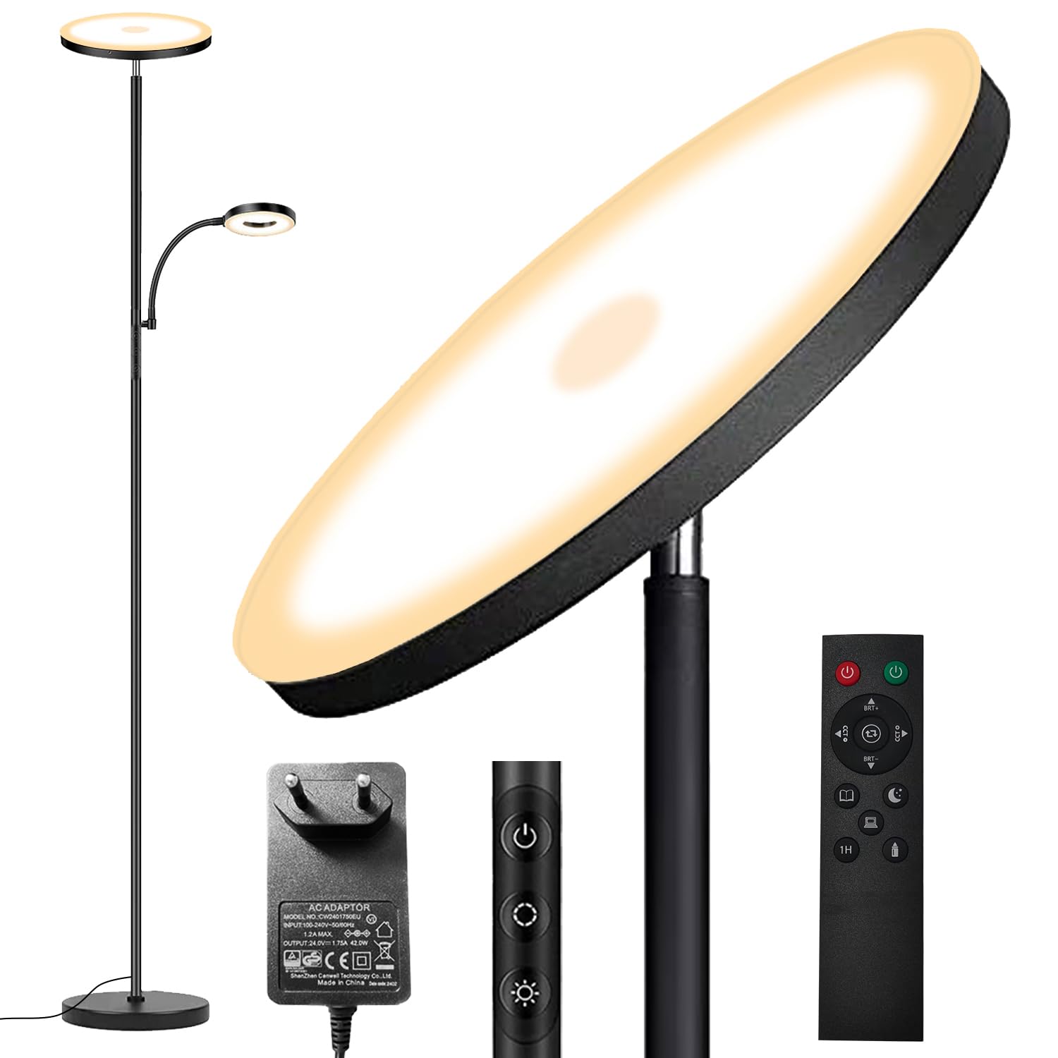 Yikuneng 42W Lámpara de Pie Regulable, LED Lámpara de Pie Salon 4500LM Súper Brillantecon con Lámpara de Lectura, control rem