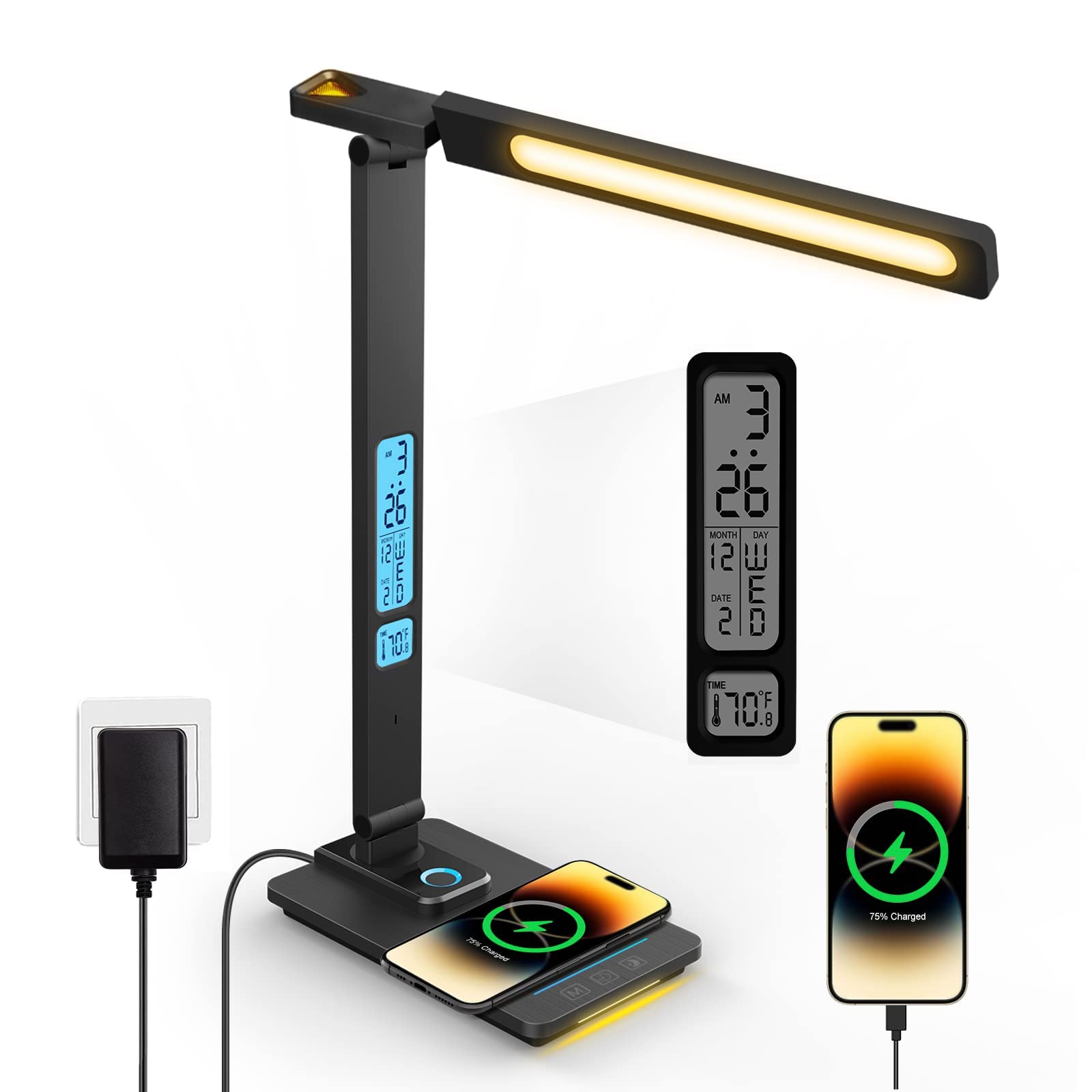 LáMpara De Escritorio Led Regulable Con Reloj - Usb Recargable De Forma InaláMbrica, LáMpara Mesa TáCtil Regulable Con 3 Colo