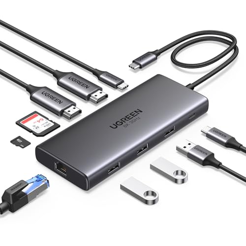 UGREEN Revodok Pro 210 Docking Station USB C 10 En 1 Doble HDMI 8K30Hz 4K60Hz Hub Adaptador Tipo C a Ethernet RJ45 Gigabit PD 100W Lector Tarjeta SD TF Compatible con MacBook Pro Air M4 M3 M2 M1