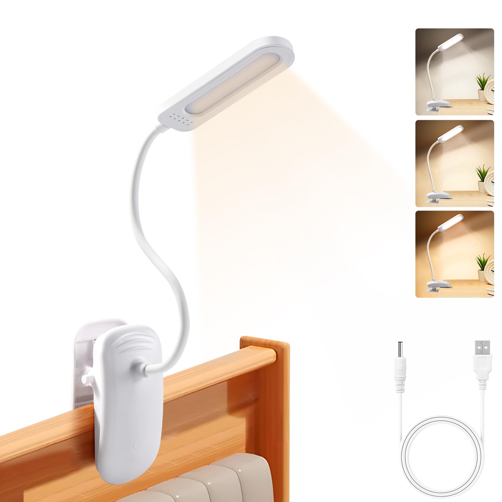 Diboniur Lampara Escritorio Pinza, Luz de Lectura con Flexo Pinza, 3 Colores y Atenuación Continua, Lampara Lectura Cama con