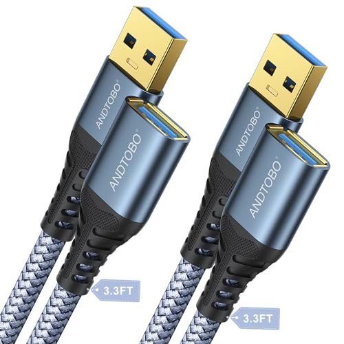 ANDTOBO 2 Pack Cable Alargador USB 3.0 (1M), Cable USB 3.0 Macho A Hembra Extensor de alta velocidad de transferencia de datos 5Gbps Para Gamepad, Impresora, Webcam, Teclado USB, Pendrive, Disco Duro