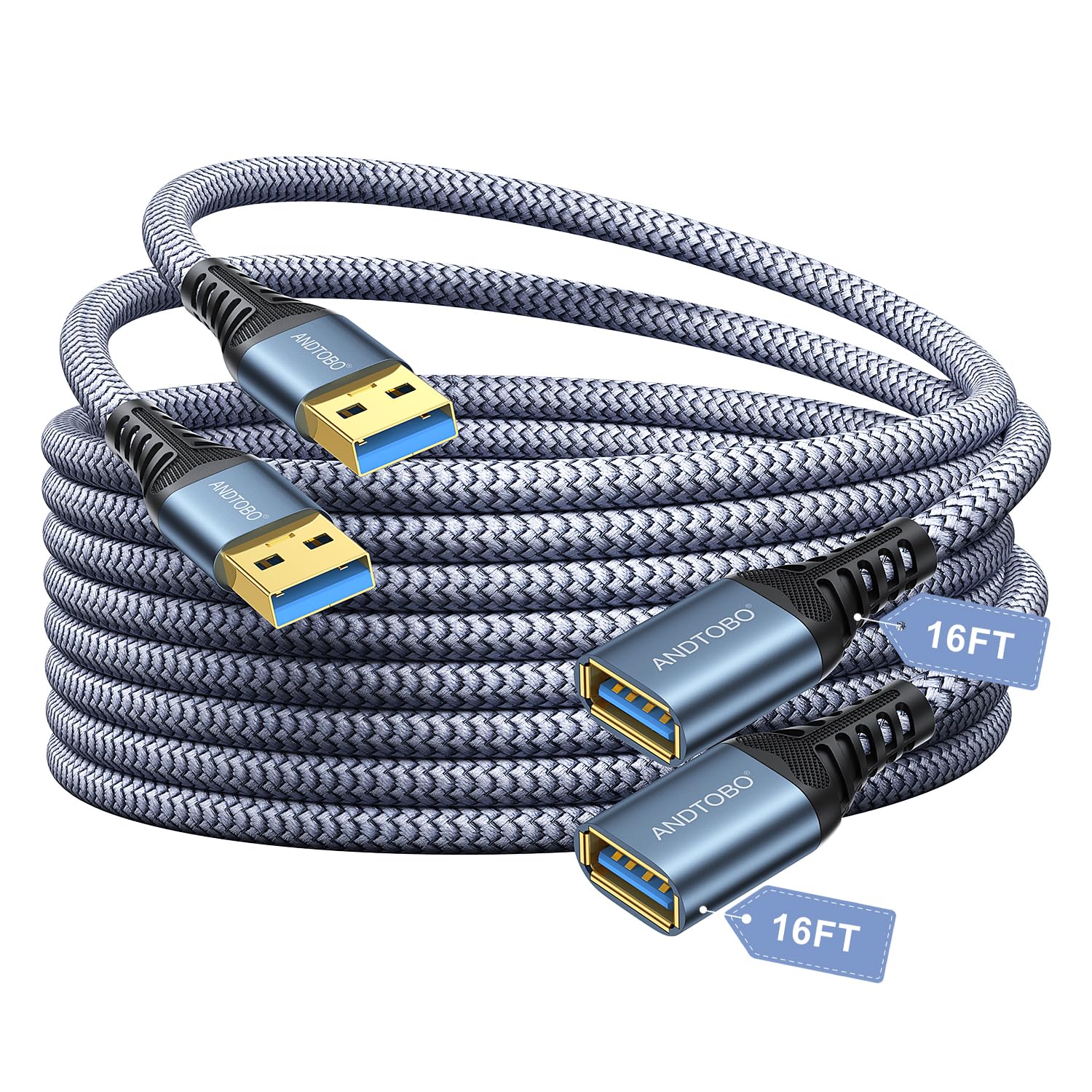 ANDTOBO 2 Pack Cable Alargador USB 3.0 (5M), Cable USB 3.0 Macho A Hembra Extensor de alta velocidad de transferencia de dato