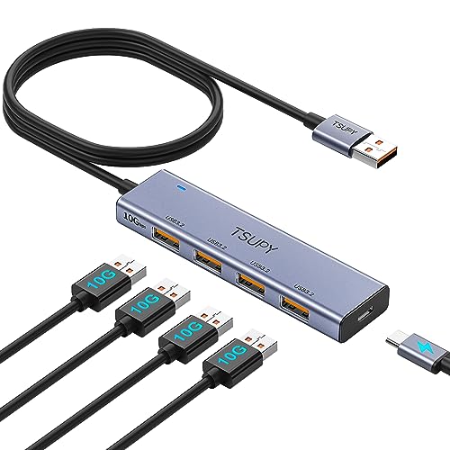 TSUPY Hub USB 3.2, Hub USB 5 Puertos Aluminio Adaptador para Transmisión Rápida Datos, Cable 1,2m Largo, 4 * 3.2 USB Splitter Concentrador 1 * Tipo C Carga, Compatible con PC, Macbook Air, iMac, iPad