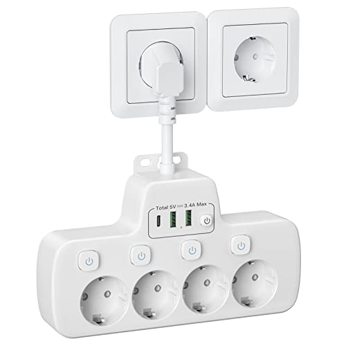 Regletas Enchufes USB C, Ladron Enchufes con Interruptor Regleta 4 Tomas 3 Carga Rápida USB Adaptador Enchufe Alargador 6 Interruptor Independiente Schuko Enchufe Multiple Pared Cable Corto,Blanco