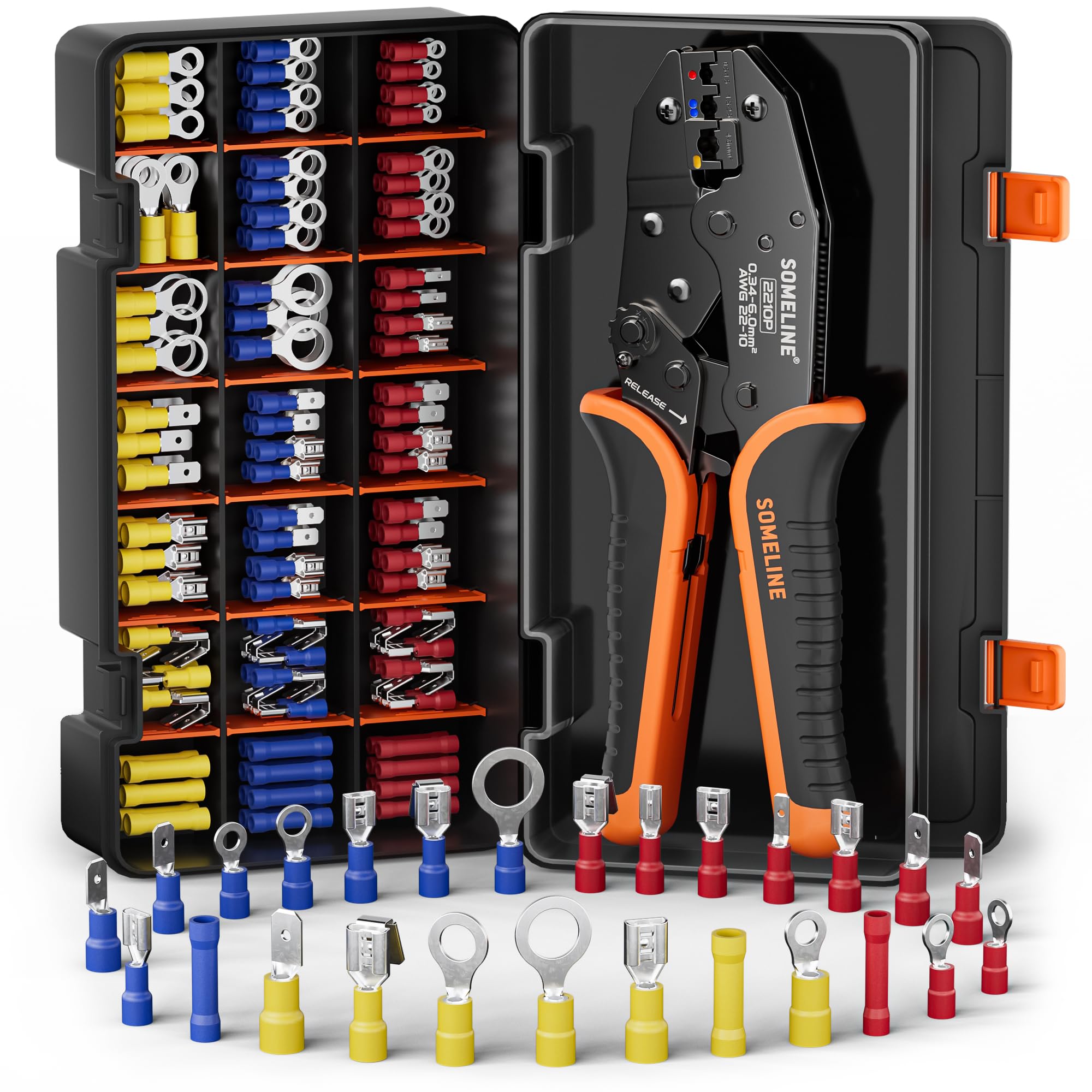 SOMELINE Kit de Crimpadora Terminales Eléctricos, 26 Tipos de Terminales Preaislados, 0,34–6mm² Crimpadora Autoajustable de T