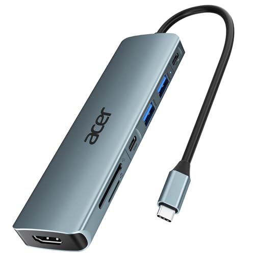 acer Hub USB C 7 en 1, Docking Station Tipo C, Adaptador HDMI a USB C con 2X USB 3.0 y USB C 5Gbps, Hub HDMI 4K@30Hz, PD 100W, Lector de Tarjetas SD/TF, Compatible con iOS, Android, PC y Portátiles