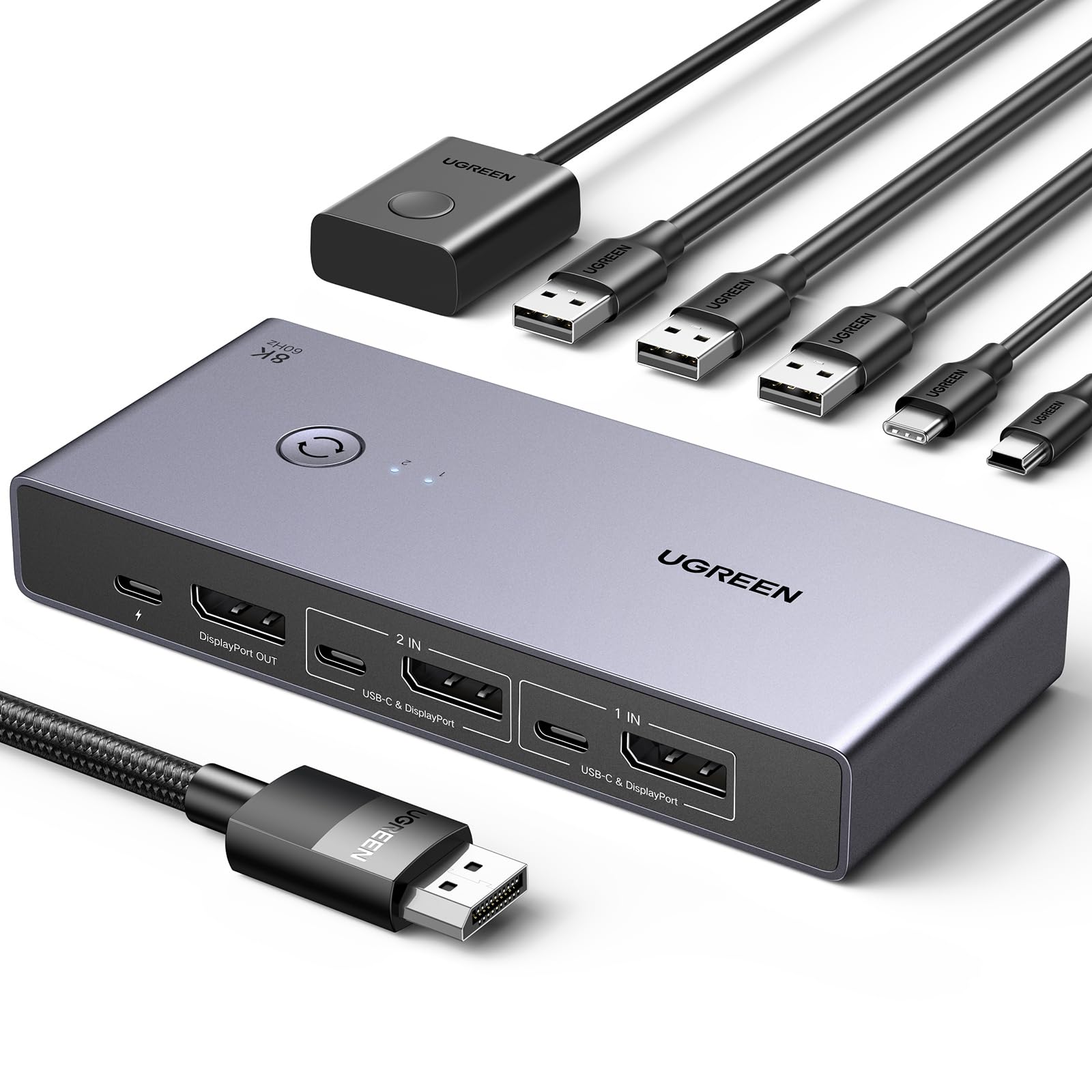 UGREEN Switch KVM Displayport 8K 60Hz 2 Entradas 1 Salida 1.4 4K 240Hz 1 Puerto Tipo C 3 Puertos USB A para Teclado Ratón Dis