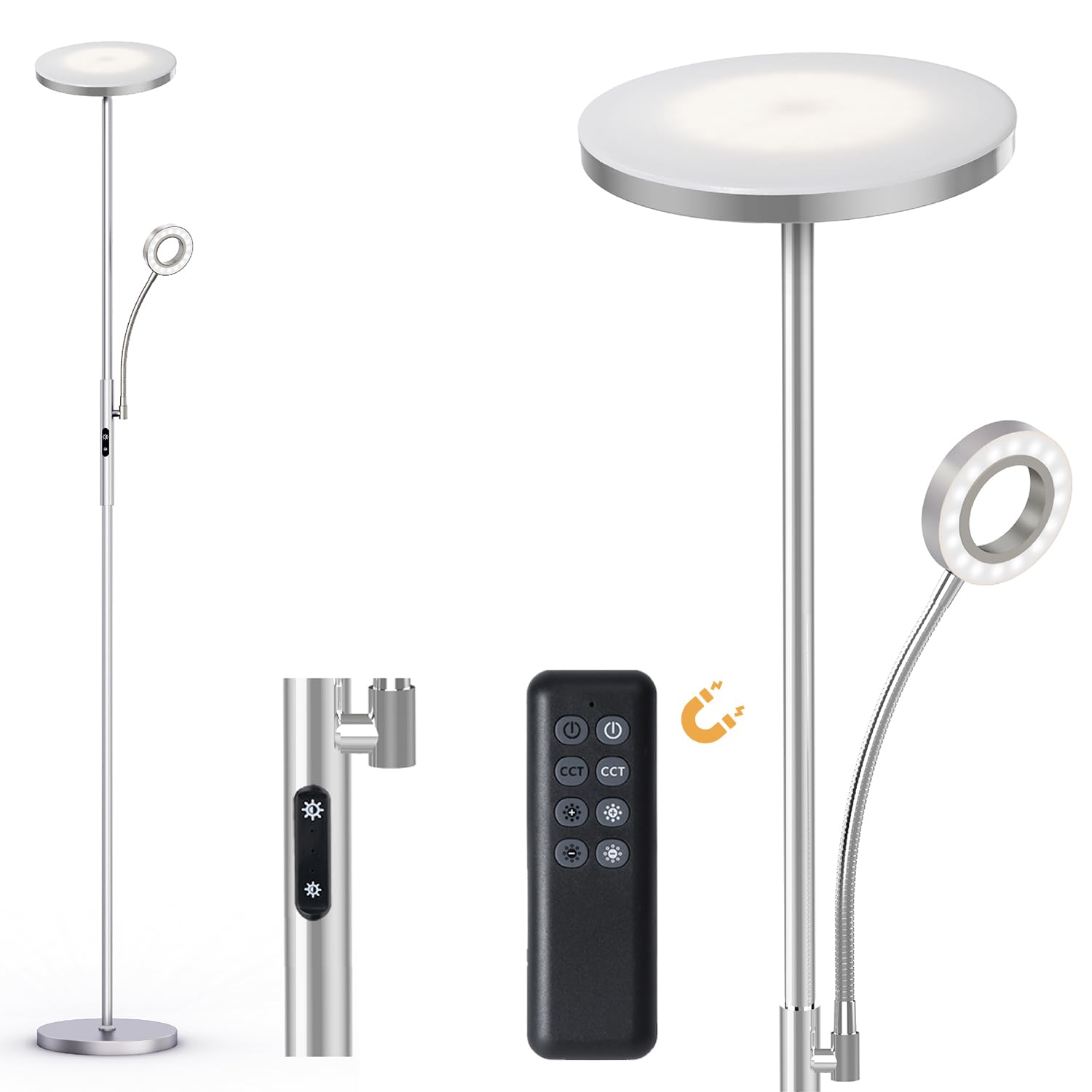 Modlicht 35W Lampara de Pie LED Níquel, 4200lm Lámpara de Pie Salon con 6 Modos, 3000-6000K Lámpara Pie Regulable con Control