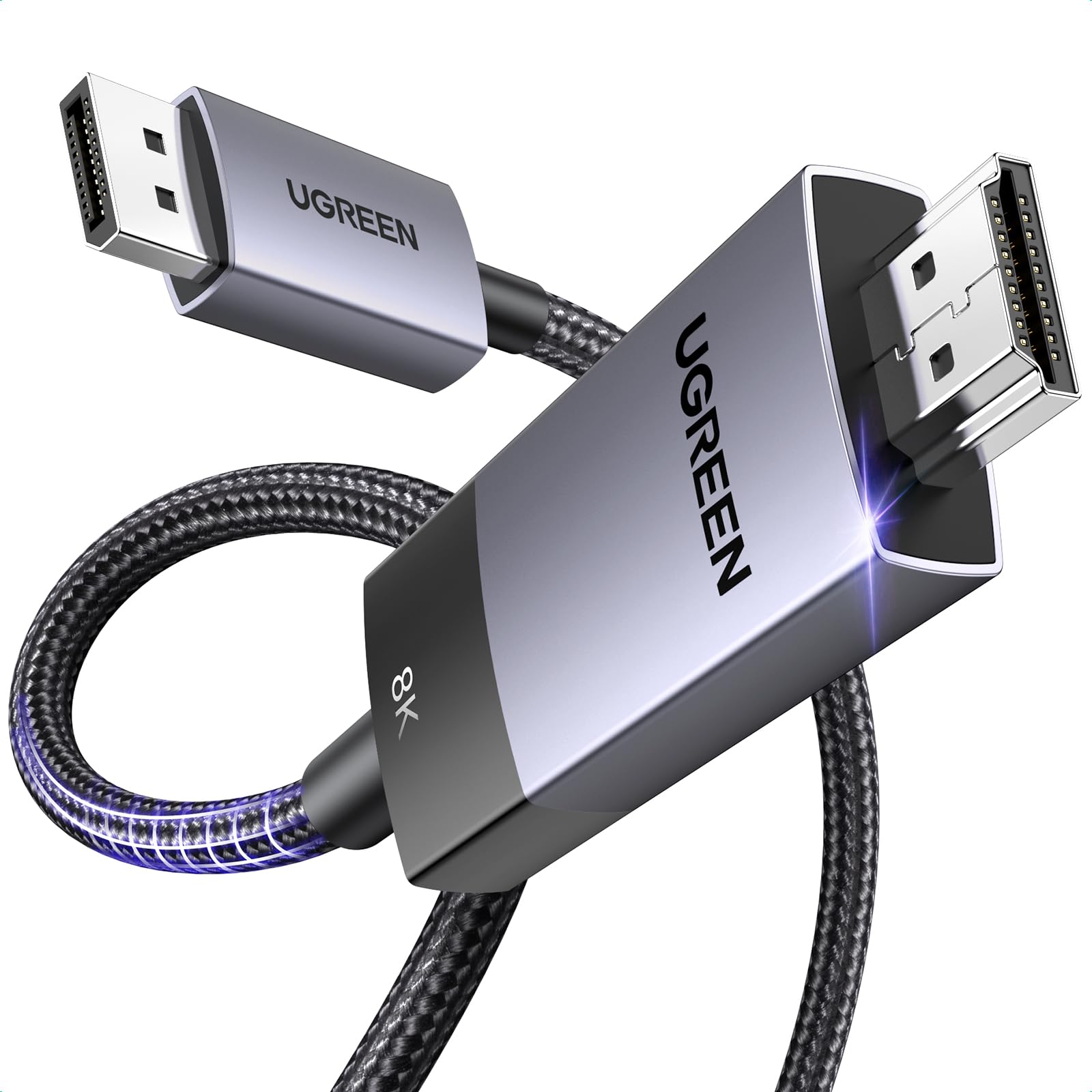 UGREEN Cable DisplayPort 1.4 a HDMI 2.1 8K 60Hz 4K 240Hz HDR HDCP Nylon Trenzado Compatible con PC TV Proyector Monitor, 1M