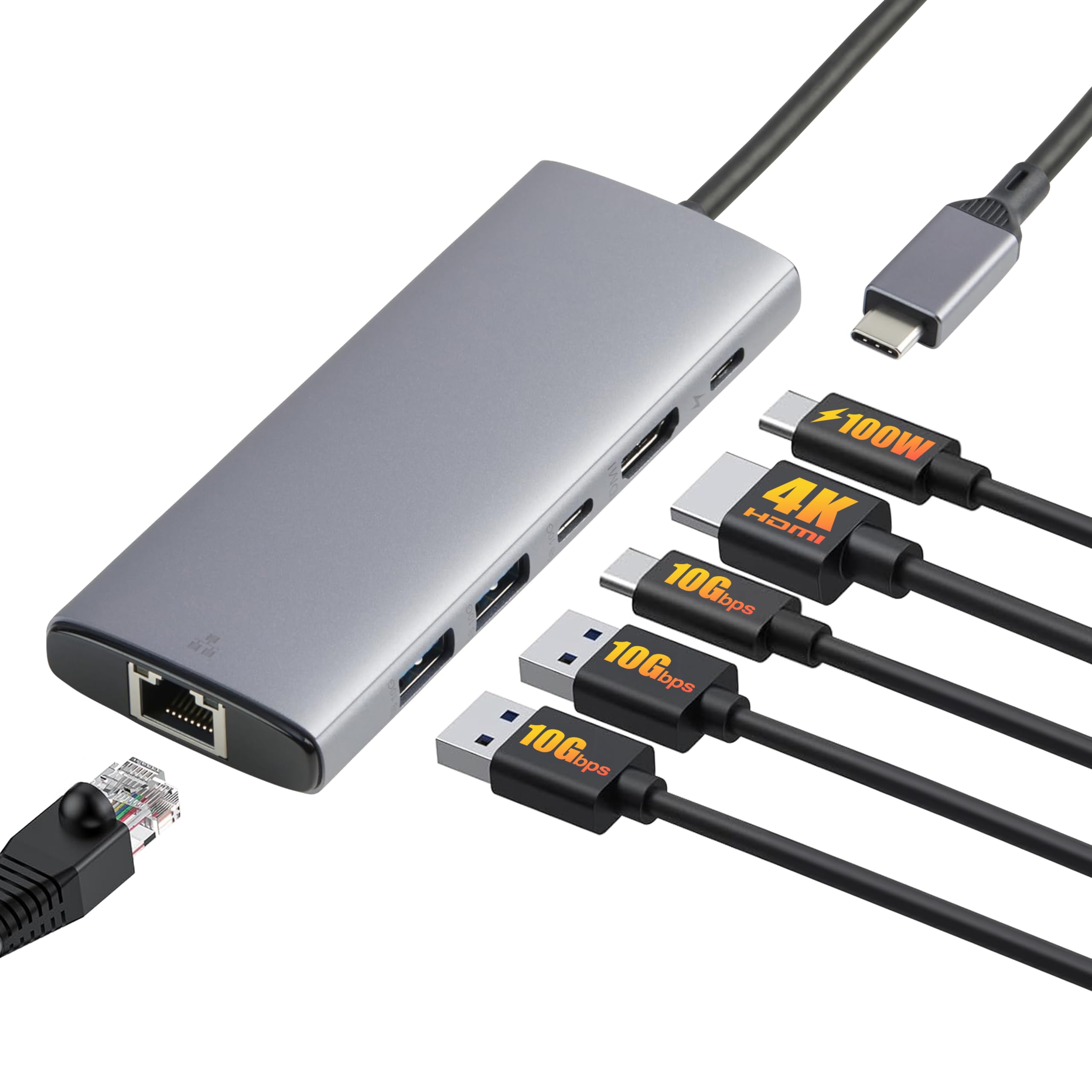 Amazon Basics 6 en 1 Concentrador USB 3.1, (1 USB-C 100W PD Input, 2 USB-A, 1 USB-C, HDMI 4K, Ethernet), Gris Claro, 11.94 x