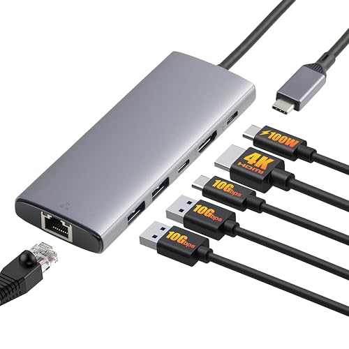 Amazon Basics 6 en 1 Concentrador USB 3.1, (1 USB-C 100W PD Input, 2 USB-A, 1 USB-C, HDMI 4K, Ethernet), Gris Claro, 11.94 x 4.6 x 1.5cm