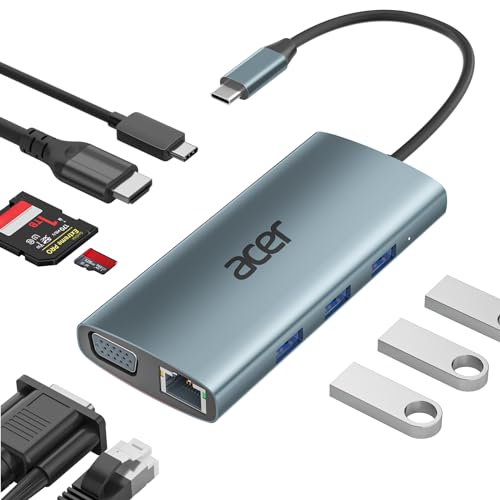 acer Docking Station USB C 9 en 1, Hub USB C Ethernet, Ataptador Tipo C a HDMI 4K, Carga PD 100W, Lector de Tarjetas SD, Hub Ethernet USB a VGA para MacBook Pro/Air, Surface Pro, acer Portátiles y Más