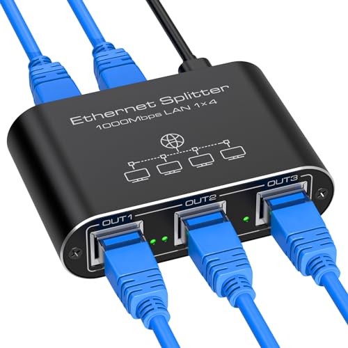 VEDINDUST Switch Ethernet 1 a 4 1000Mbps Aluminio Gigabit RJ45 Splitter Duplicador con Cable De Alimentación USB C para Switches Routers Decodificadores
