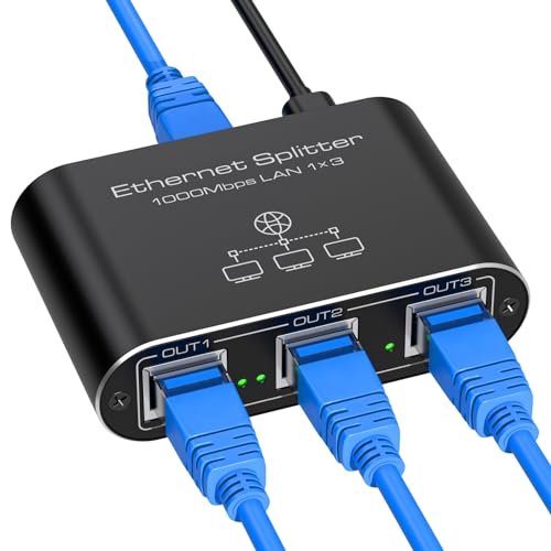 VEDINDUST Switch Ethernet 1 a 3 1000Mbps Aluminio Gigabit Splitter Duplicador RJ45 con Cable De Alimentación USB C para Ordenadores Routers Decodificadores