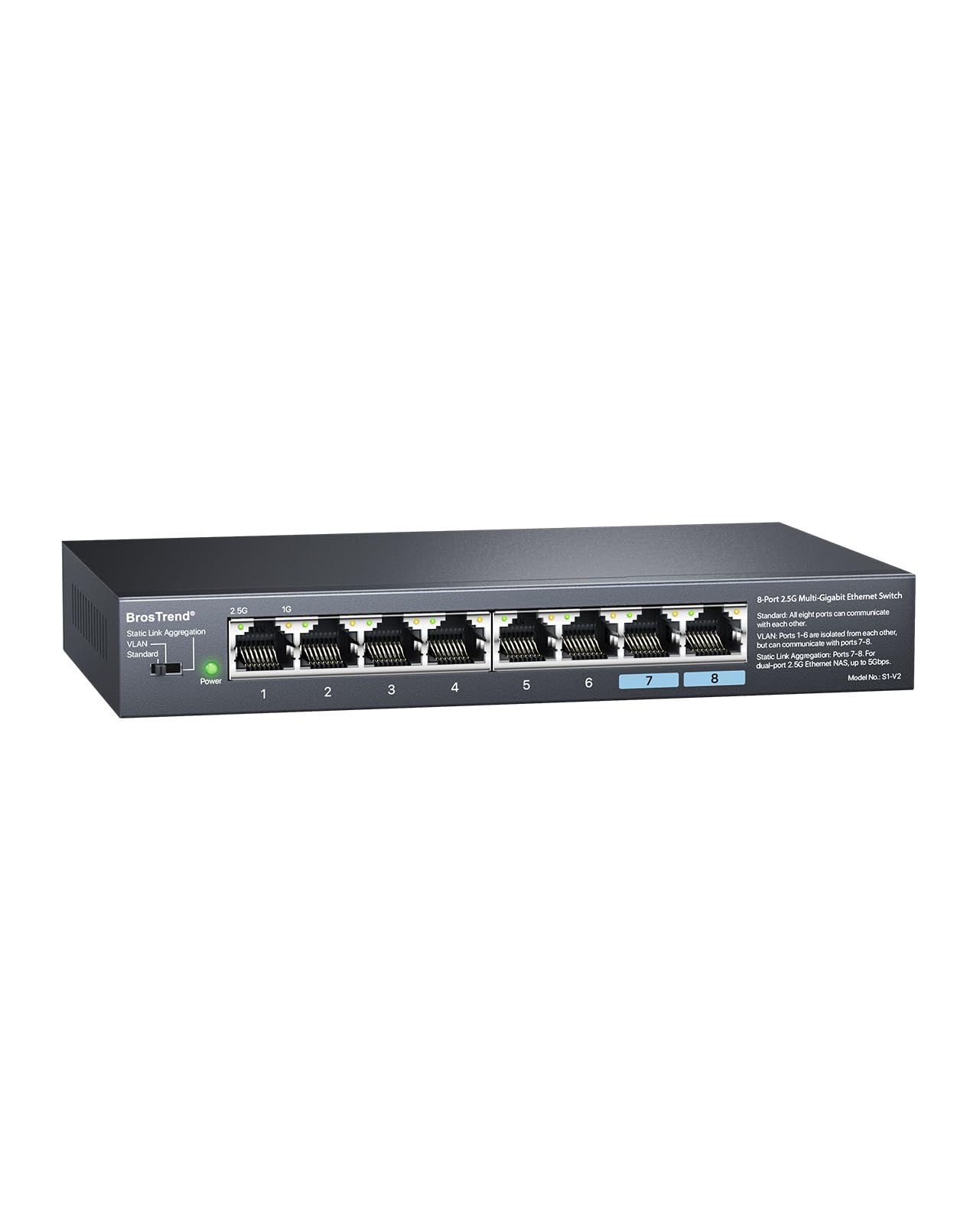 BrosTrend Switch Ethernet 2.5Gb 8 Puertos, Soporta Static Link Aggregation & VLAN, Hub Ethernet Switch RJ45 para Gaming PC NA