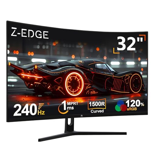 Z-Edge Monitor Gaming Curvo 32'' 240 Hz, 1ms, 1080P, FreeSync, Pantalla PC Bisel Ultra Fino, 1500R VA, Inclinación Ajustable, 2* HDMI 2.0 & 2* DP 1.4, RGB Luz de Respiración(Cable HDMI Incluido)