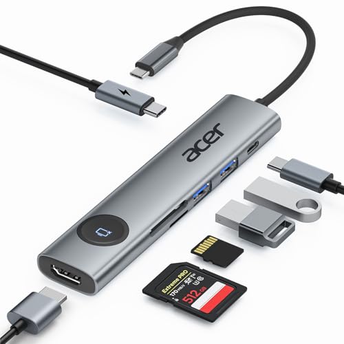 Acer Hub USB C 7 en 1, Docking Station 4K@60Hz Con 2 Puertos USB 3.0, PD 100W, Adaptador HDMI Con Botón de Encendido/Apagado Para Macbook, iPad Pro/Air, PC y Tabletas
