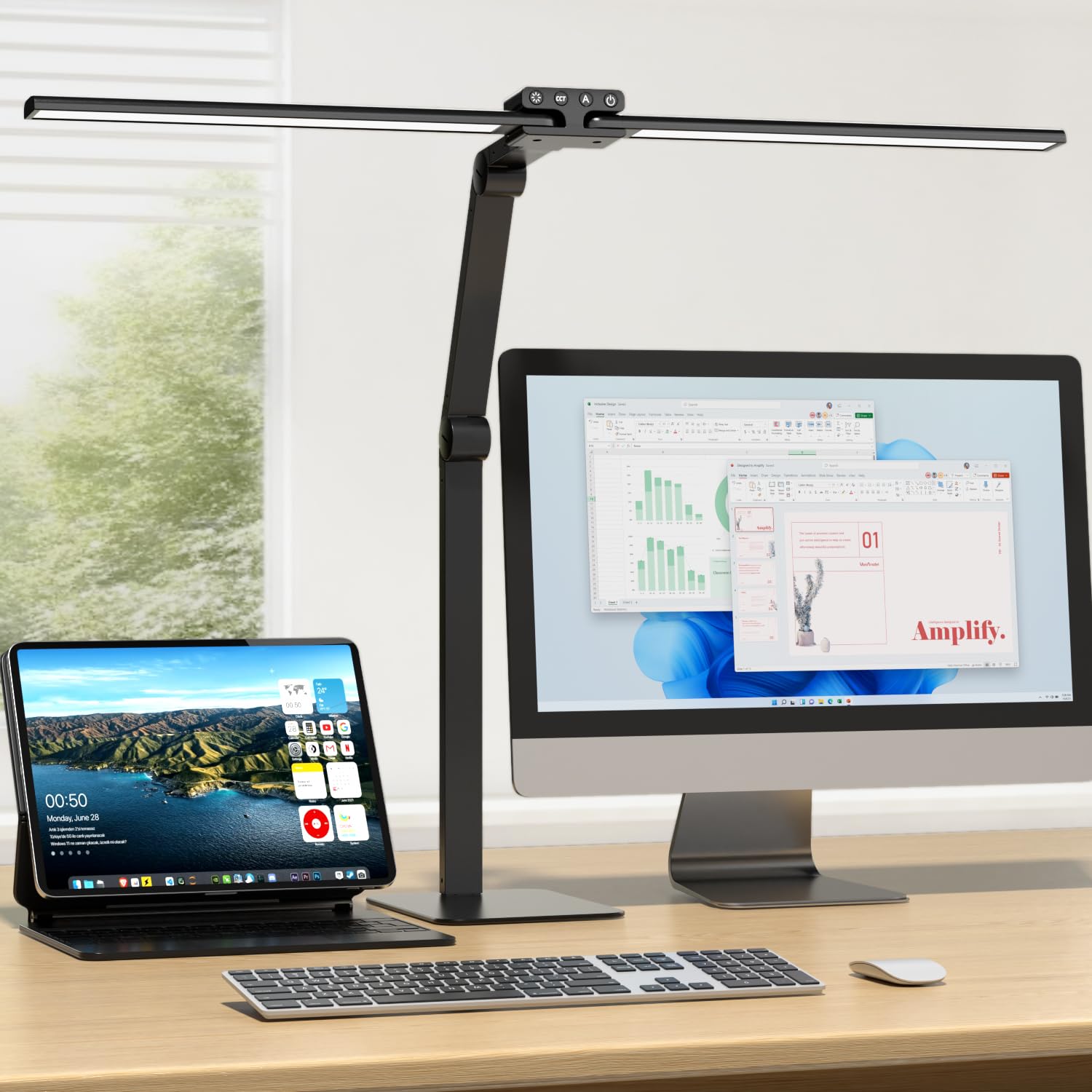 KableRika Lámpara Escritorio LED, 24W 80cm Flexo Escritorio de Doble Cabezal con Base, Luz de Arquitecto Regulable, luz monitor con Temporizador, 1200 lúmenes para Leer, Estudiar y Oficina en el Hogar
