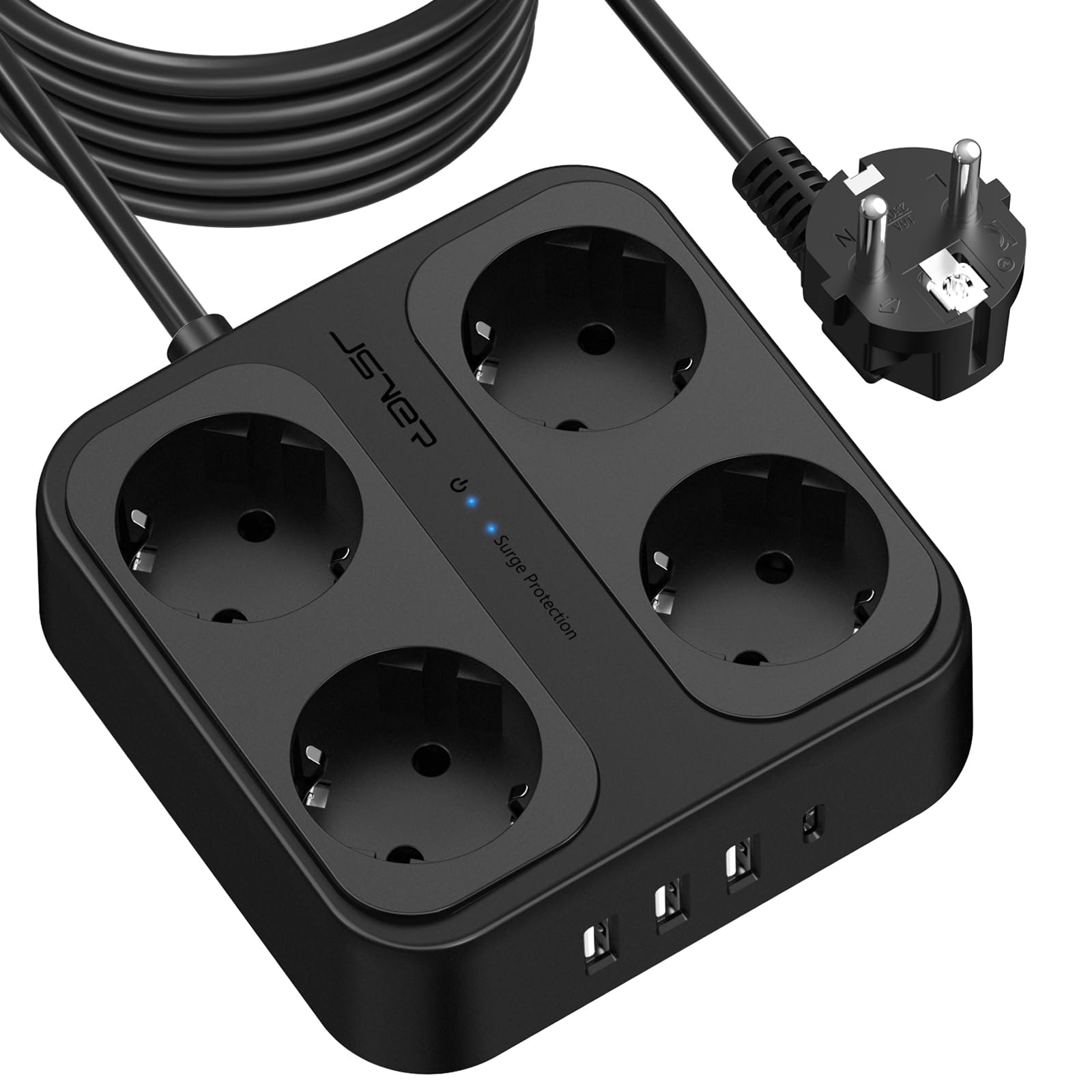 JSVER Regleta Enchufe 5M con 4 Tomas con 3USB A y 1 USB C (5 V/3,4 A),Protección contra Sobretensiones para el hogar, la Ofic