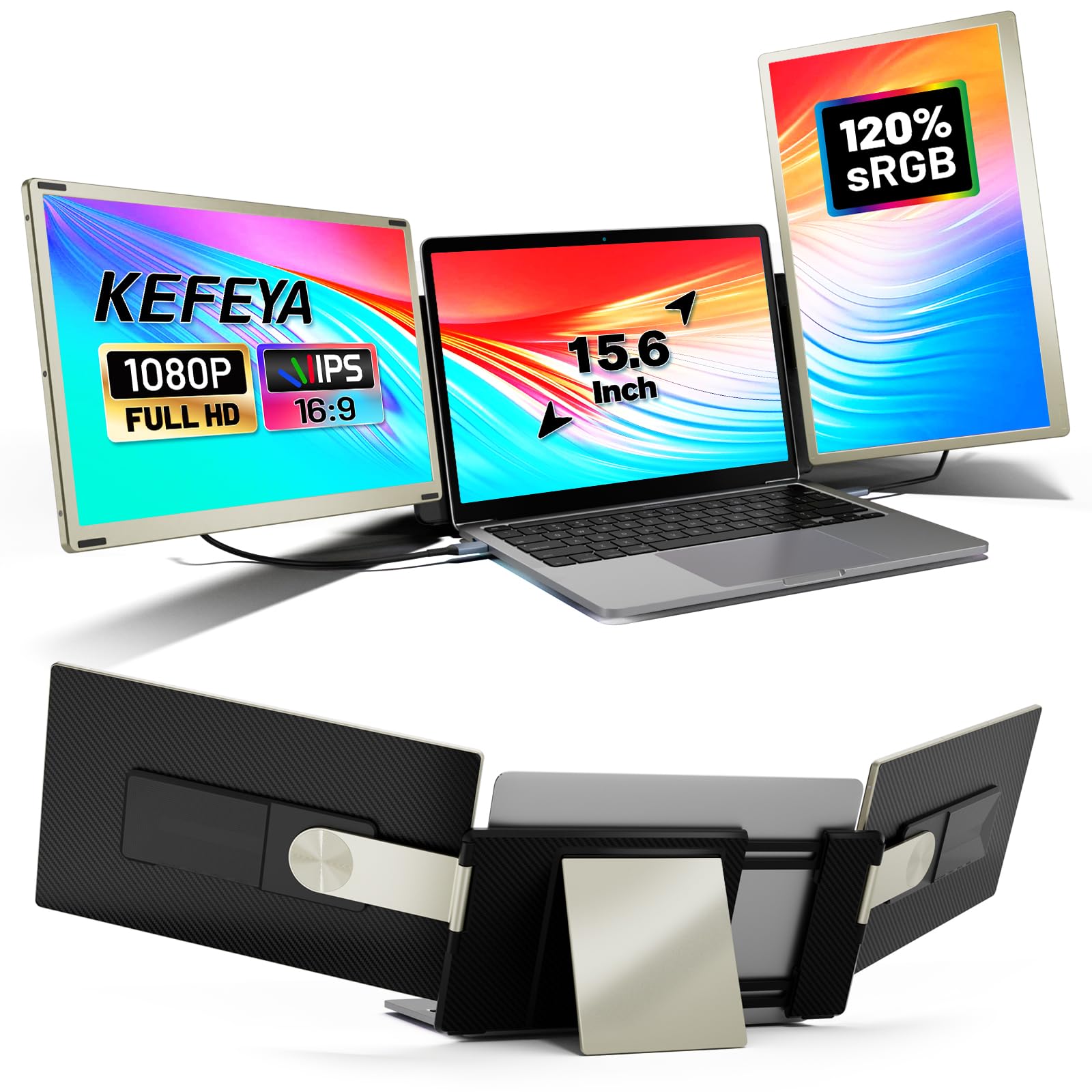 KEFEYA 15.6” Monitor Portatil 120% sRGB FHD 1080P Pantalla Portatil com HDMI/Type-C/USB Plug & Play para Mac Windows Chrome A