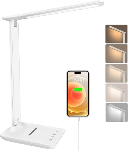 lámpara Led Escritorio, Flexo de Escritorio con luz nocturna, lampara de escritorio con control táctil, Puerto de carga USB, 5 niveles de luminosidad 5 modos (blanco)