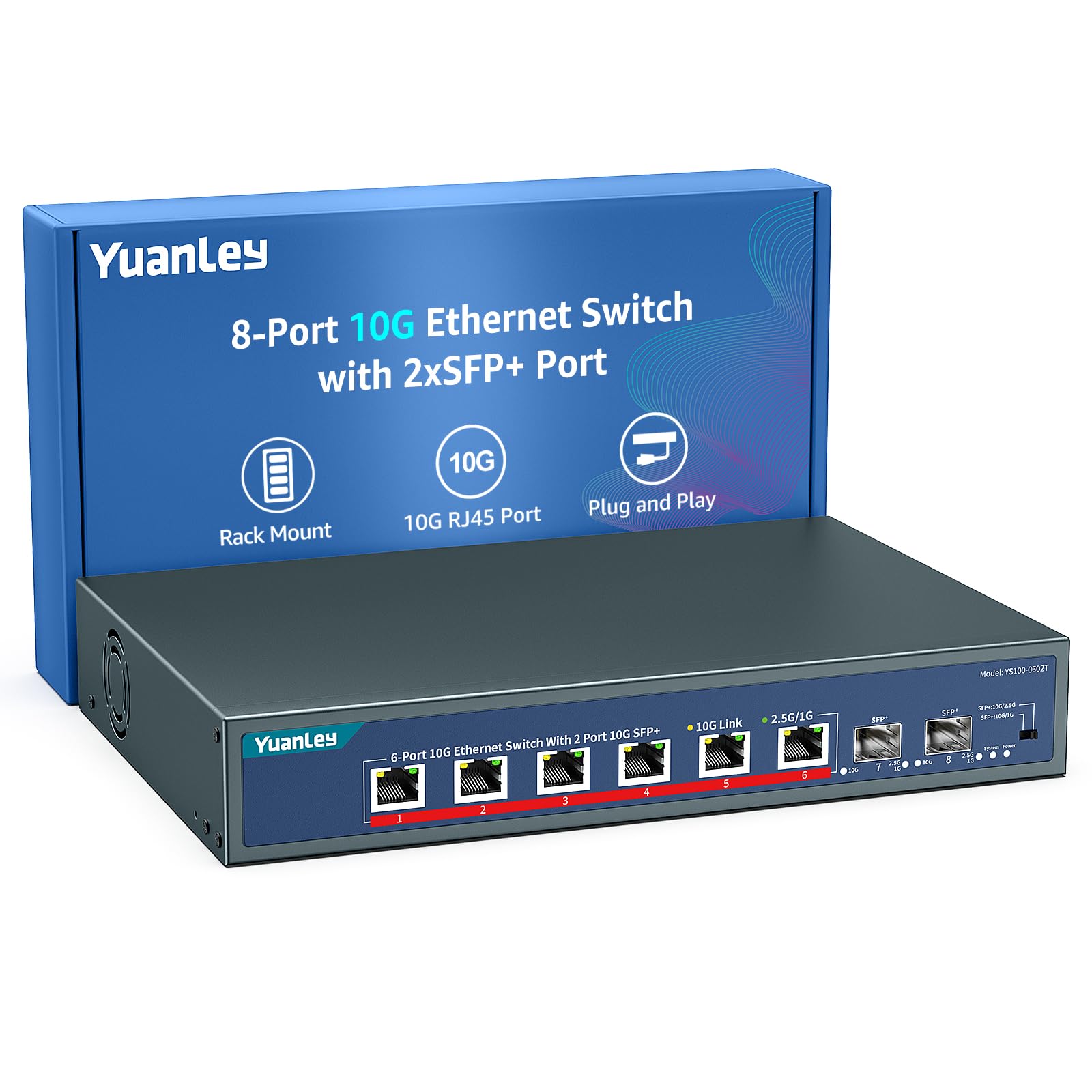 Switch Ethernet 10G de 8 Puertos YuanLey, 6 Puertos RJ45 de 10Gbps, 2 Puertos SFP+ 10Gbe, Compatible con Auto-negociación de