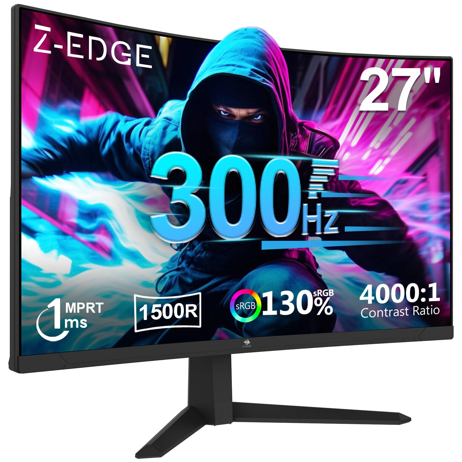 Z-Edge Monitor Gaming Curvo 27'' 300Hz (DP1.4 * 2), 1ms MPRT, FreeSync, FHD, 240Hz (HDMI2.0 * 2), Pantalla PC LED 16:9, Incli