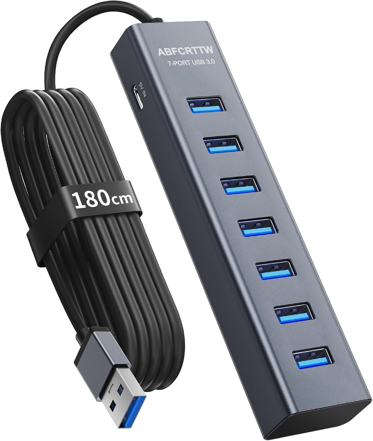 7 Puertos Hub USB 3.0 con 180cm Cable para PC Computadora, Aluminio USB Hub Adaptador multipuerto con USB 3.0 5Gbps, 5V 3A US